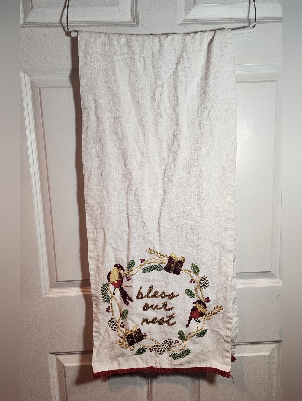Embroidered 'Bless Our Nest' Holiday Table Runber - White with Red Trim